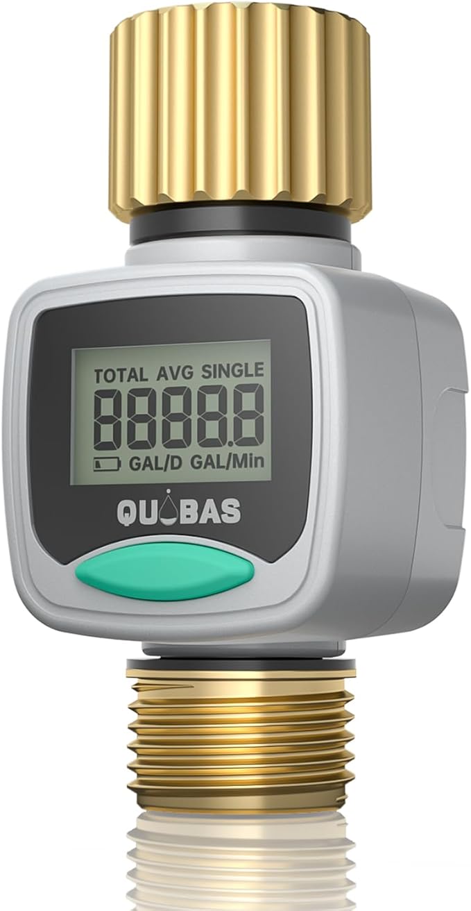 QUOBAS Water Flow Meter with Brass Fittings, Easy-Install Garden Hose Flow Meter for RV, Outdoor Plants, Lawn & Pool, Waterproof Screen, Tracks Gallon/Liter Usage, 4 Modes