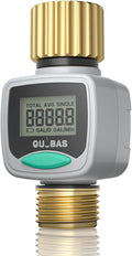 QUOBAS Water Flow Meter with Brass Fittings, Easy-Install Garden Hose Flow Meter for RV, Outdoor Plants, Lawn & Pool, Waterproof Screen, Tracks Gallon/Liter Usage, 4 Modes