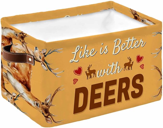 Orange Deer Storage Bins Cubes Waterproof Cloth Storage Basket, Wildlife Animals Rustic Farmhouse Elk Foldable Storage Bags for Shelf Closet Clothes Storages Organizers with Handles 15x11x9.5 in 1PCS