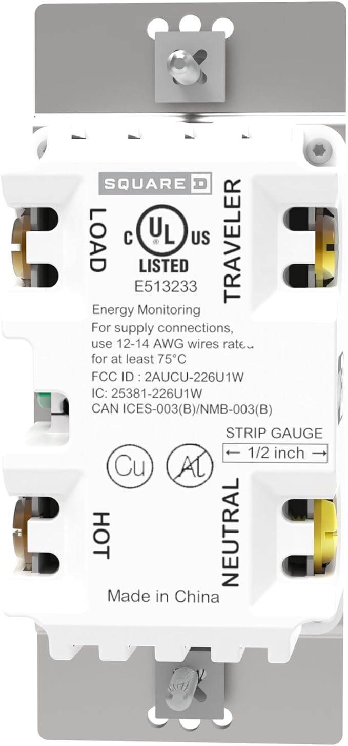 Square D by Schneider Electric X Series 15 Amp WiFi Energy Monitoring Light Switch, Single-Pole/3-way, 600 Watt, Rocker, Matter Certified, Works with Alexa, Google Home, Apple Home, Matte Light Almond