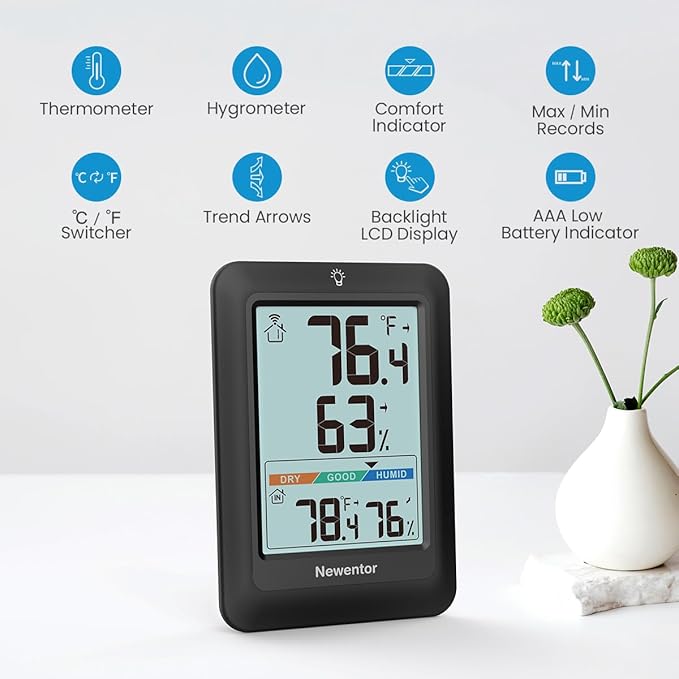 Newentor Indoor Outdoor Thermometer Wireless, Weather Stations Wireless Indoor Outdoor, Outdoor Thermometers for Patio House, Outside Inside Thermometers with Comfort Indicator, Black with 1 Sensor