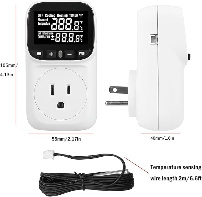WiFi Digital Temperature Controller, Plug in Thermostat Outlet with Duration Timer & Smart Memory, -40℉~212℉, 16A/1800W, IP67 Waterproof Probe for Incubator, Homebrew, Reptile.