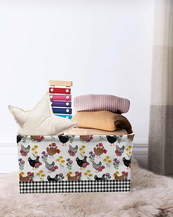 Farmhouse Rooster Storage Bins Cubes Waterproof Cloth Storage Basket,Country Watercolor Flowers Black Plaid Foldable Storage Bags for Shelf Clothes Storages Organizers with Handles 15x11x9.5 in 2PCS