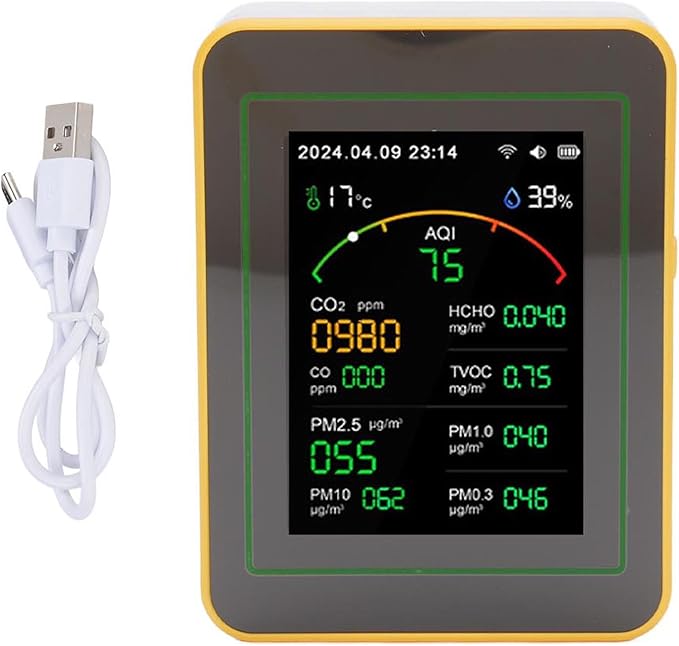 Eujgoov Air Quality Detector, 15 in 1 WiFi APP Control CO2 HCHO TVOC PM2.5 PM10 Temperature Humidity Monitor, with Smart Timer and Real Time Data, for Indoor Air Quality Tester (White Yellow)