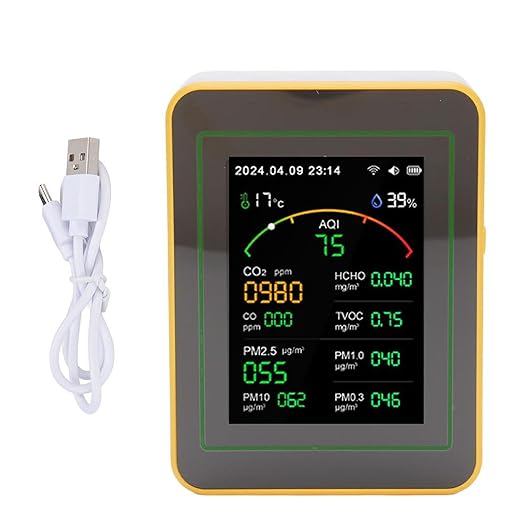 Air Quality Detector, 15 in 1 WiFi APP Control CO2 HCHO TVOC PM2.5 PM10 Monitor, Humidity Temperature Detector with Smart Timer & Curve Recording, Ideal for Indoor Air Quality (White Yellow)