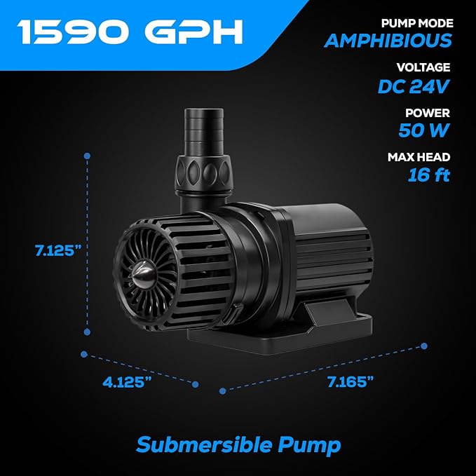 1590 GPH Intelligent ECO Amphibious Water Pump - Sine Wave Technology with Controller for Hydroponics & Aquariums, 50W