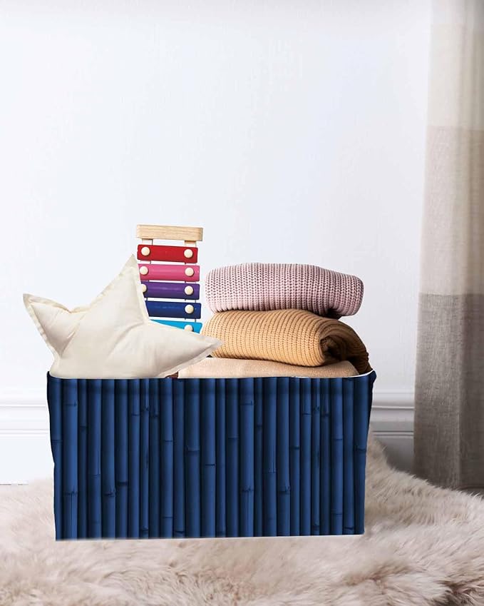 Dark Blue Storage Bins Cubes Waterproof Cloth Storage Basket, Retro Farmhouse Plants Wall Lines Texture Foldable Storage Bags for Shelf Clothes Storages Organizers with Handles 15x11x9.5 in 1PCS