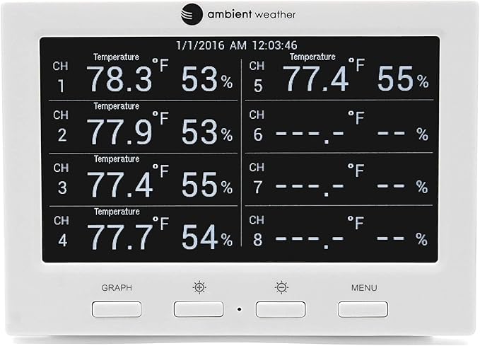 Ambient Weather WS-3000-X3 Thermo-Hygrometer Wireless Monitor w/ 3 Remote Sensors - Logging, Graphing, Alarming, Radio Controlled Clock