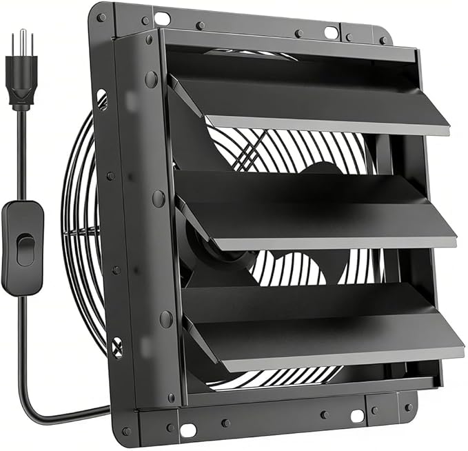 HG Power 12 Inch Shutter Exhaust Fan, 764CFM High-Speed, 1400RPM Wall-Mounted Ventilation Fan for Shed, Garage, Greenhouse - with, ON/OFF Switch & 8FT Power Cord, Black