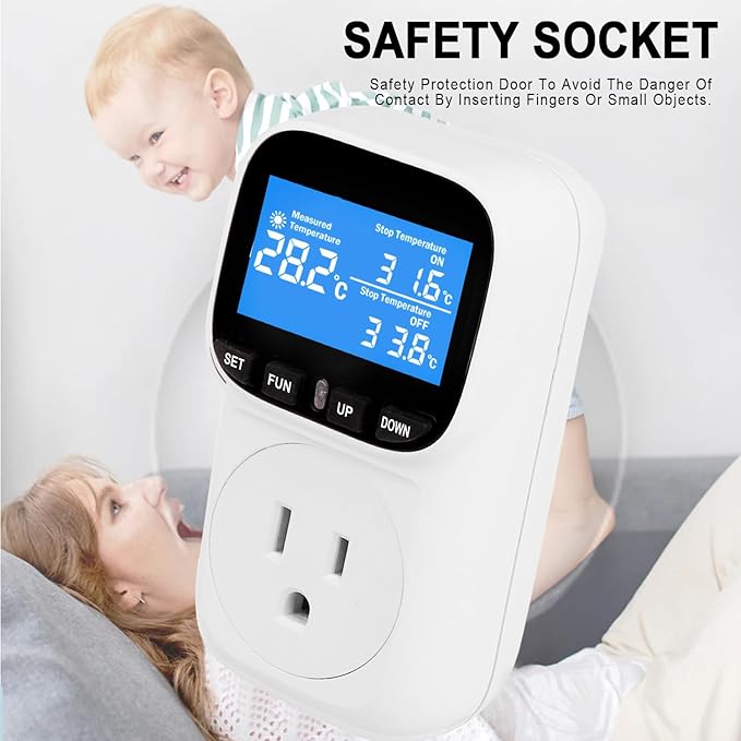 Digital Temperature Controller, Heavy Duty 15A/1800W Thermostat Outlet Plug, VA Display Heating Cooling Control Timer, -40℉~210℉, Cyclic Timing/Countdown, for Greenhouse Incubator Homebrew