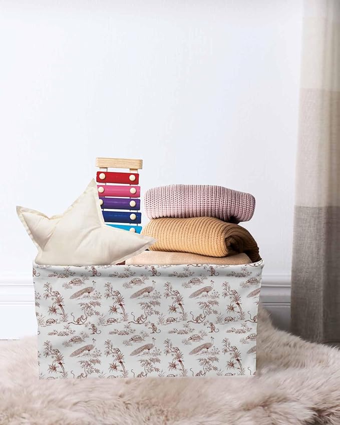 Farmhouse Monkey Storage Bins Cubes Waterproof Cloth Storage Basket,Vintage Brown Plants Rustic Turtles Peacock Foldable Storage Bags for Shelf Closet Clothes Organizers with Handles 15x11x9.5 in 2PCS