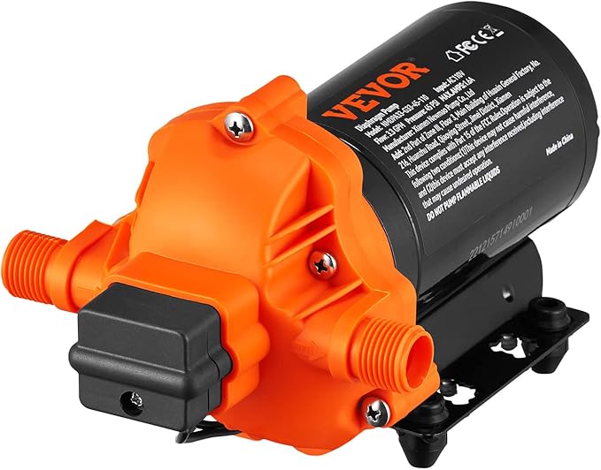 VEVOR Water Pressure Diaphragm Pump, RV Water Pump, Fresh Water Pump110V AC, 3.3 GPM, Pressure Adjustable, Self Priming Sprayer Pump with Pressure Switch for RV Camper Marine Boat Lawn, FCC Certified