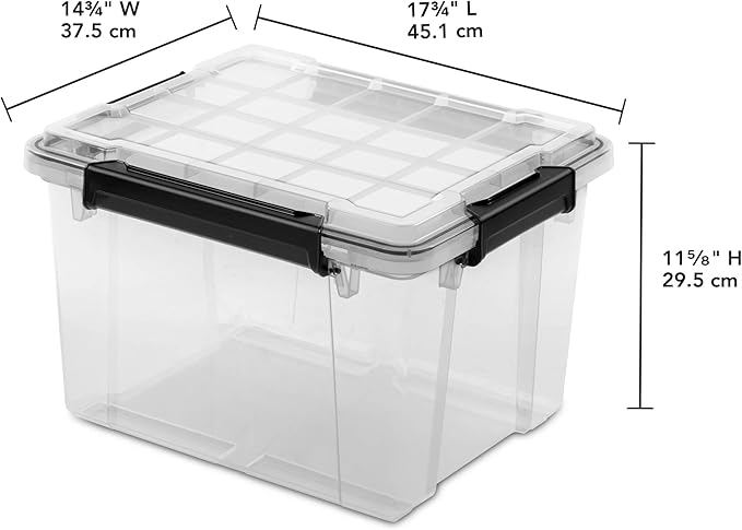 2 Pack 34 Quart Small Gasket Container, IP68 Waterproof Clear Plastic Storage Bin with Lid, Heavy Duty Latches and Rubber Seal, Black