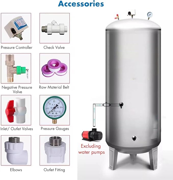 15/20/40/50/60/80 Gallon 304 Stainless Steel Water Tanks Vertical, Water Well/ Sprinkler System Pressure Tank/ Water Pressure for Water Worker Hot Water Heater Garden(135x50cm/53.1x19.6in(250L/66Gal))
