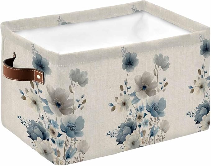 Blue Grey Floral Storage Bins Cubes Waterproof Cloth Storage Basket, Watercolor Flowers Linen Texture Foldable Storage Bags for Shelf Closet Clothes Organizers with Handles 15x11x9.5 in 1PCS