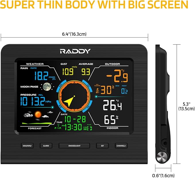 Raddy WF-100C Lite Weather Station Wireless Indoor Outdoor with Temperature, Barometric, Humidity, Wind Gauge, Rain Gauge, Weather Forecast, Moon Phase, Alarm Clock for Home, Garden