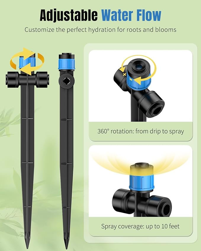 Pawfly 30 Pcs Push-to-Fit Drip Irrigation Emitters for 1/4 Inch Tubing, Two-Way Connection Irrigation Drippers with Adjustable 360 Degree Water Flow, Drip Emitters Sprayers with Stake & End Plugs