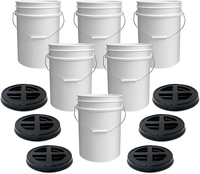 ePackageSupply 5 Gallon Bucket - Food Grade Bucket with Airtight Gamma Seal Screw-On Lid, BPA-Free, Heavy-Duty 90 Mil HDPE Plastic, Bulk Storage, Durable Container, Made in USA, White/Black, 6 Packs
