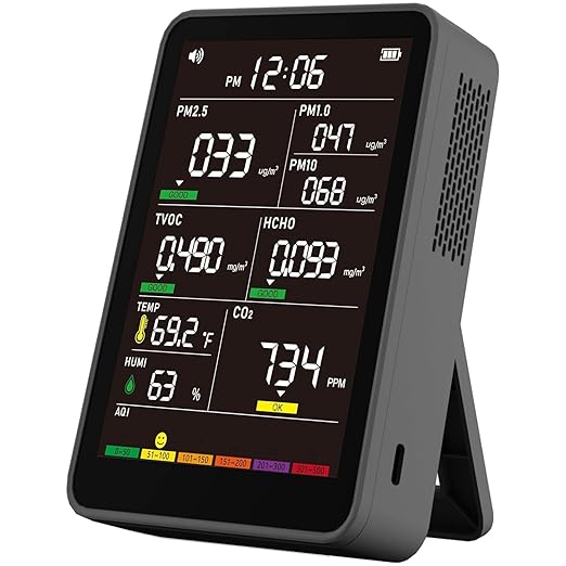 Professional Indoor Air Quality Monitor with AQI Alerts, Portable Real-Time Detector for Home, Car, Plants & Pet (Deep Black)