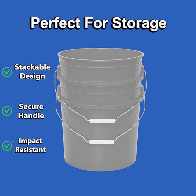 MKS Plastics 5-Gallon Bucket with Airtight Lid – Made in USA, Food Grade BPA Free Plastic, Heavy Duty Multi-Use, Metal Handle with Grip, Stackable Storage – Silver, 1 Pack