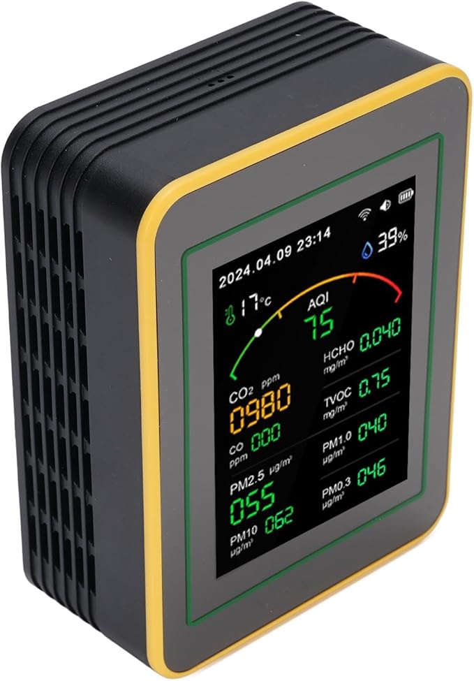 Yctze 15 in 1 Air Quality Detector, WiFi APP Control CO2 HCHO TVOC PM2.5 PM10 Temperature Humidity Monitor with Smart Timer & Real Time Data, Ideal for Indoor Air Quality Testing (Black Yellow)
