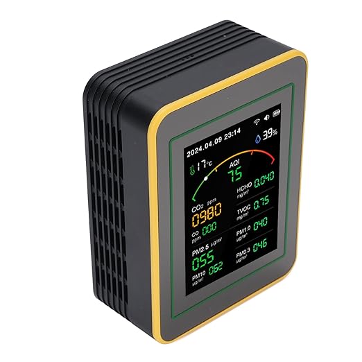 Eujgoov Air Quality Detector, 15 in 1 WiFi APP Control CO2 HCHO TVOC PM2.5 PM10 Temperature Humidity Monitor with Smart Timer and Real Time Data, for Indoor Air Quality Testing (Black Yellow)