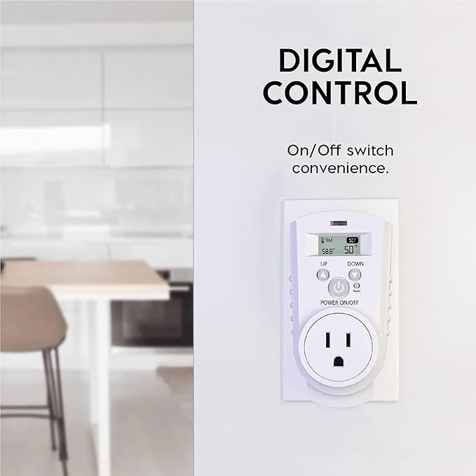 EconoHome Digital Plug in Thermostat - Programmable Thermostat with LCD Screen, Temperature Control & Power Buttons - Compatible with Wall Mount & Portable Heater, Air Cooler, Greenhouse Fans