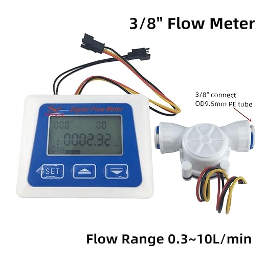Water Flow Sensor Digital LCD Display Water Flow Sensor Meter, Flowmeter Totalmeter with 3/8" / 1/4" Flow Battery Working Meter(3/8")