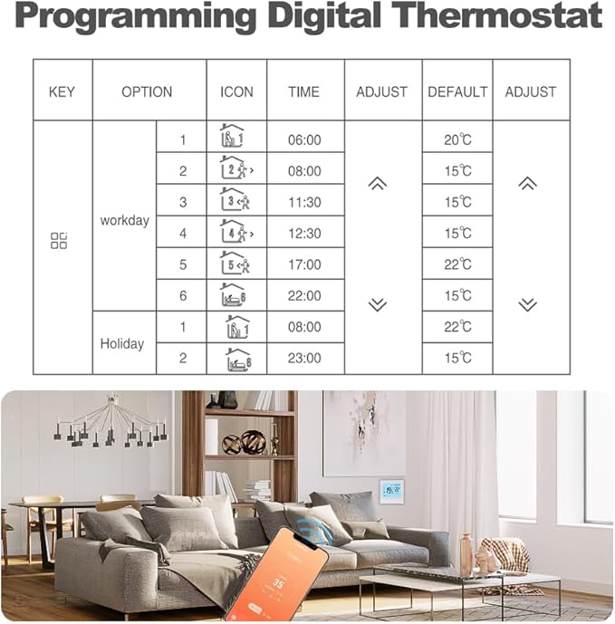 Aoresac Thermostat Smart Tuya WiFi Thermostat 16A Digital Programmable LCD Display Underfloor Heating Temperature Controller Digital Intelligent Wall Thermostat for Electric Heating