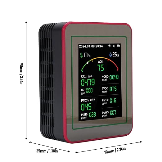 Air Quality Tester 15 in 1 Design 2.8 Inch HD Display CO2 TVOC HCHO PM2.5 Temperature Humidity Timer WiFi Air Quality Detector (Black+Red)