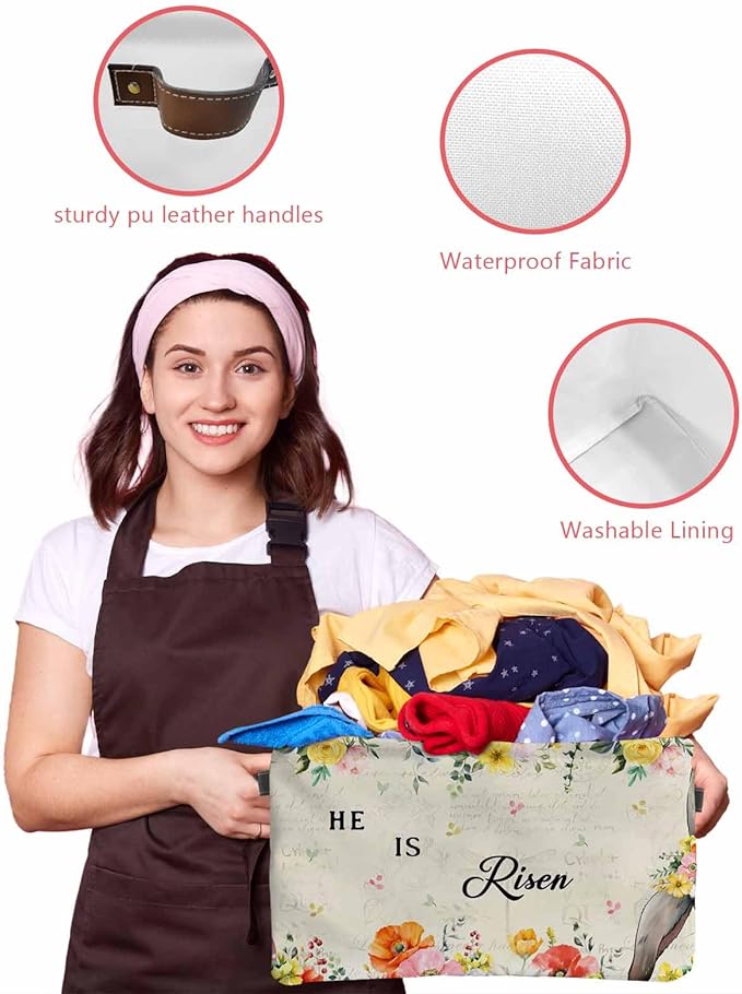 Easter Storage Bins Cubes Waterproof Cloth Storage Basket, Spring Watercolor Vintage Bunny Eggs Flower Foldable Storage Bags for Shelf Closet Clothes Storages Organizers with Handles 15x11x9.5 in 1PCS