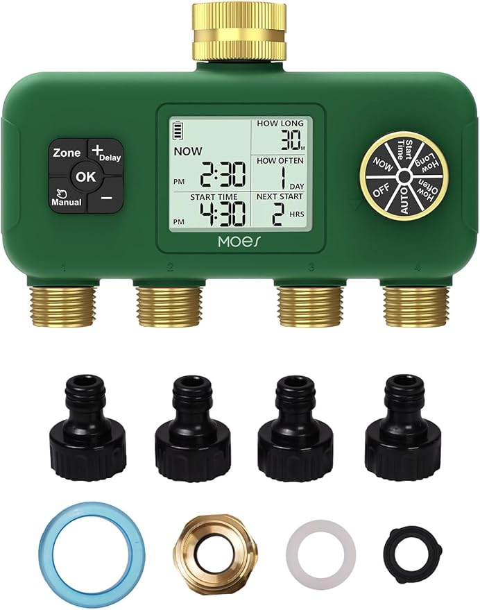 MOES 4 Zone Water Timer for Garden Hose, Heavy Duty Solid Brass Inlet & Outlets, Programmable Sprinkler Timer Battery Operated, 4 Way Faucet Valve with Sequential Watering (Non-WiFi)