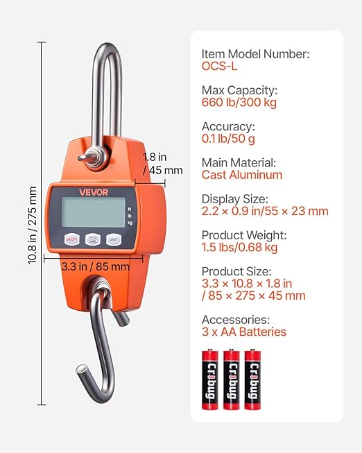 VEVOR Digital Crane Scale, 660 lbs/300 kg, Industrial Heavy Duty Hanging Scale with Cast Aluminum Case & LCD Screen, Handheld Mini Crane with Hooks for Farm, Hunting, Fishing, Outdoor, Garage (Orange)