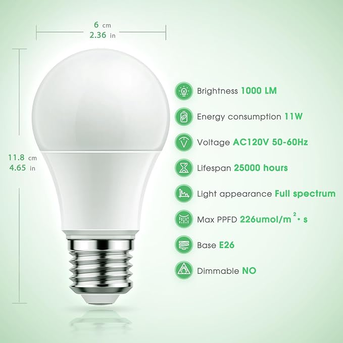 Briignite Full Spectrum LED Grow Light Bulb - A19 E26 Base, 11W (100W Equivalent) - for Indoor Plants, Seed Starting - 3 Pack