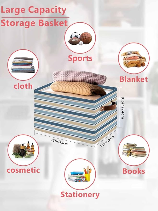 Khaki Blue Striped Storage Bins Cubes Waterproof Cloth Storage Basket,Farmhouse Stripes Modern Abstract Art Foldable Storage Bags for Shelf Clothes Storages Organizers with Handles 15x11x9.5 in 2PCS