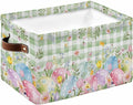 Easter Eggs Storage Bins Cubes Waterproof Cloth Storage Basket,Spring Daisy Eucalyptus Leaves Sage Green Plaid Foldable Storage Bags for Shelf Storages Organizers with Handles 15x11x9.5 in 1PCS