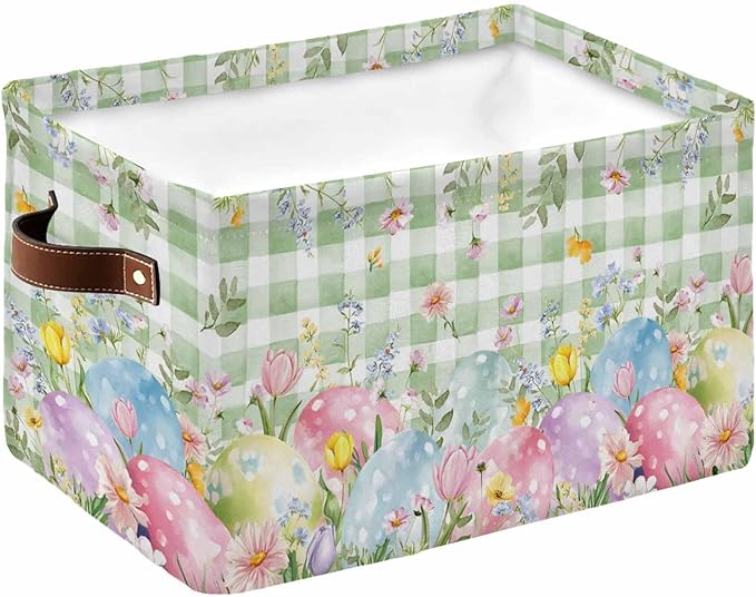 Easter Eggs Storage Bins Cubes Waterproof Cloth Storage Basket,Spring Daisy Eucalyptus Leaves Sage Green Plaid Foldable Storage Bags for Shelf Storages Organizers with Handles 15x11x9.5 in 1PCS