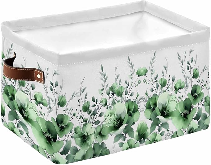 Green Blooms Floral Storage Bins Cubes Waterproof Cloth Storage Basket,Farmhouse Spring Flowers Botanical Foldable Storage Bags for Shelf Clothes Storages Organizers with Handles 15x11x9.5 in 1PCS