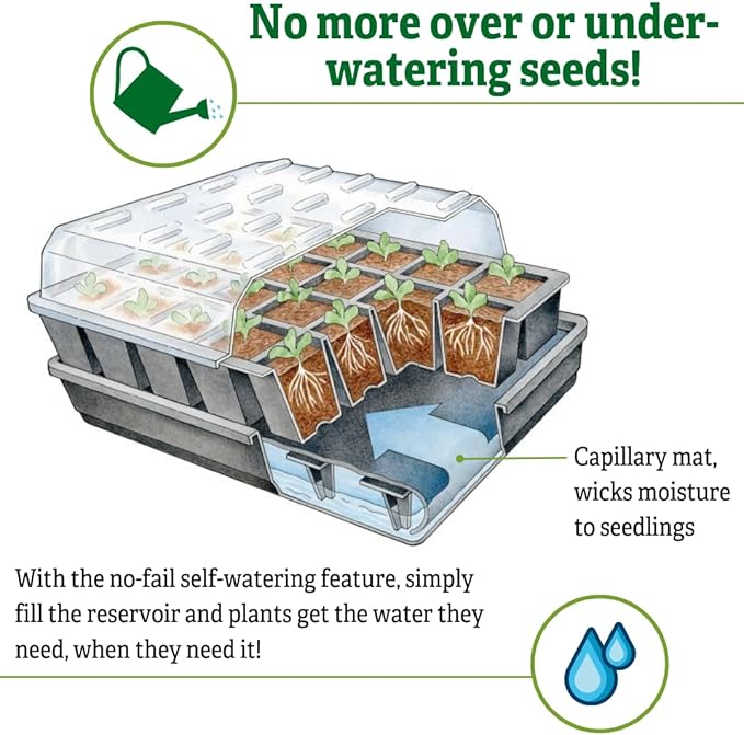 Gardener's Supply Company GrowEase Self Watering Seed Starting Kit | 24- Cell, Holds 3 Quarts of Soil | Capillary Mat, Cover and Water Reservoir Included, 100% Recycled Plastic