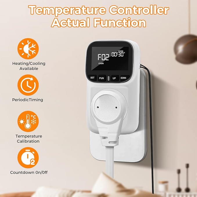 Diymore Digital Temperature Controller Outlet - Precise Heating/Cooling Control for Greenhouse, RV & Incubator (5A/1800W, -40°F to 210°F)