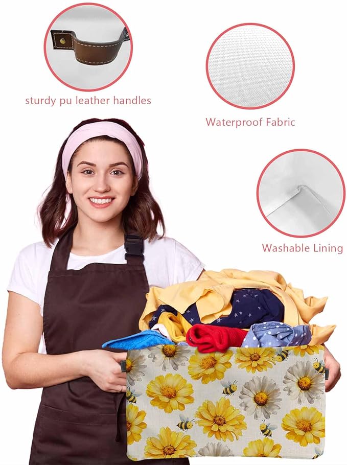 Golden Gray Chrysanthemum Storage Bins Cubes Waterproof Cloth Storage Basket,Farmhouse Bees Floral Rustic Foldable Storage Bags for Shelf Clothes Storages Organizers with Handles 15x11x9.5 in 2PCS