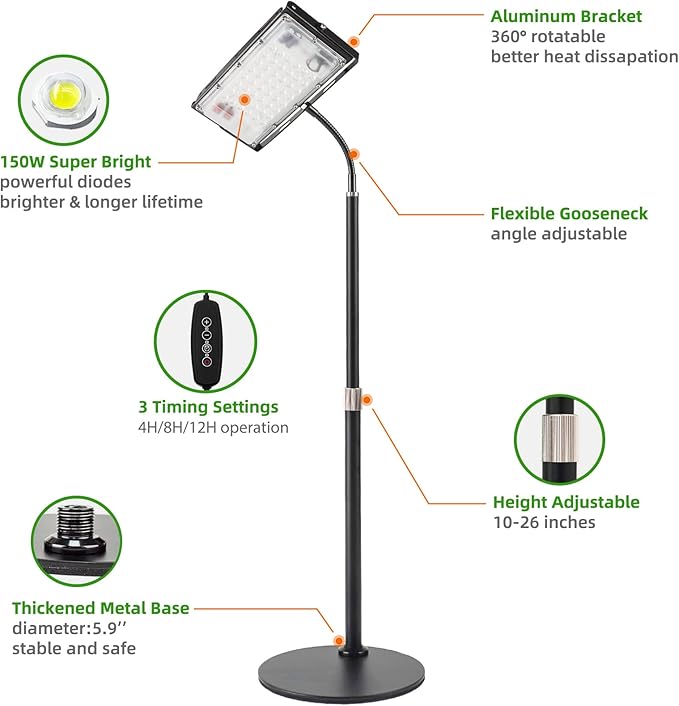 LBW Grow Light for Indoor Plants, Full Spectrum Desk LED Plant Light, Small Grow Lamp with 4H/8H/12H Timer, 6-Level Brightness, Height Adjustable, Flexible Gooseneck, Ideal for Indoor Growth