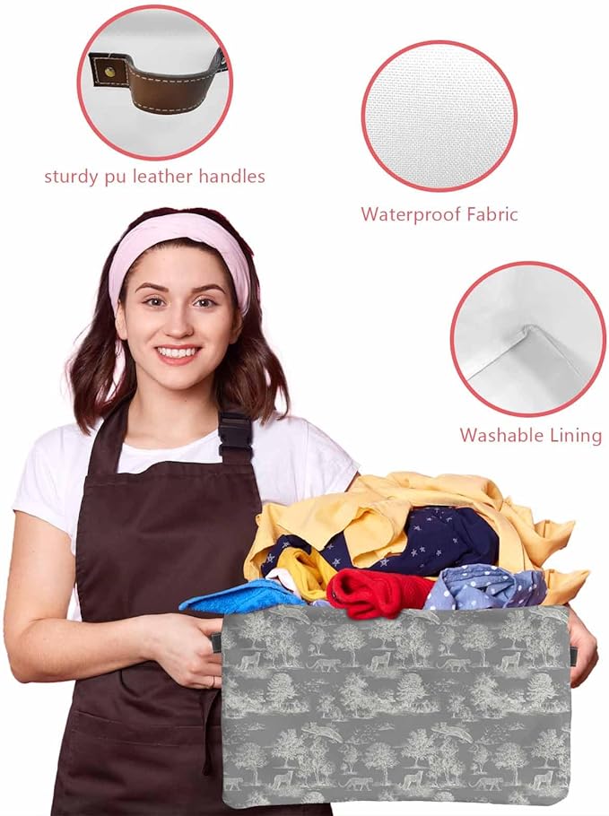Tiger Leopard Storage Bins Cubes Waterproof Cloth Storage Basket, Grey Rustic Forest Trees Farmhouse Animals Foldable Storage Bags for Shelf Closet Clothes Organizers with Handles 15x11x9.5 in 1PCS