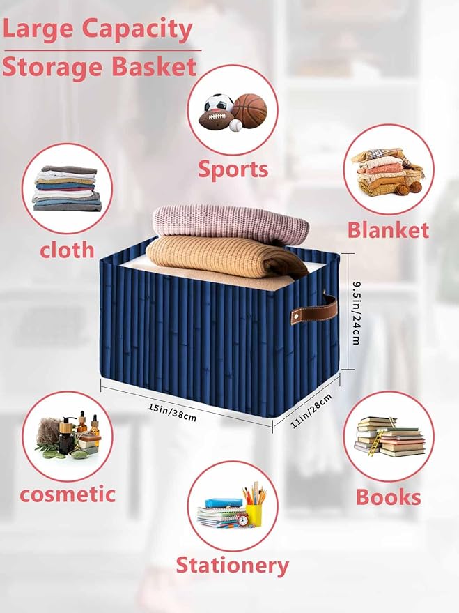 Dark Blue Storage Bins Cubes Waterproof Cloth Storage Basket, Retro Farmhouse Plants Wall Lines Texture Foldable Storage Bags for Shelf Clothes Storages Organizers with Handles 15x11x9.5 in 1PCS