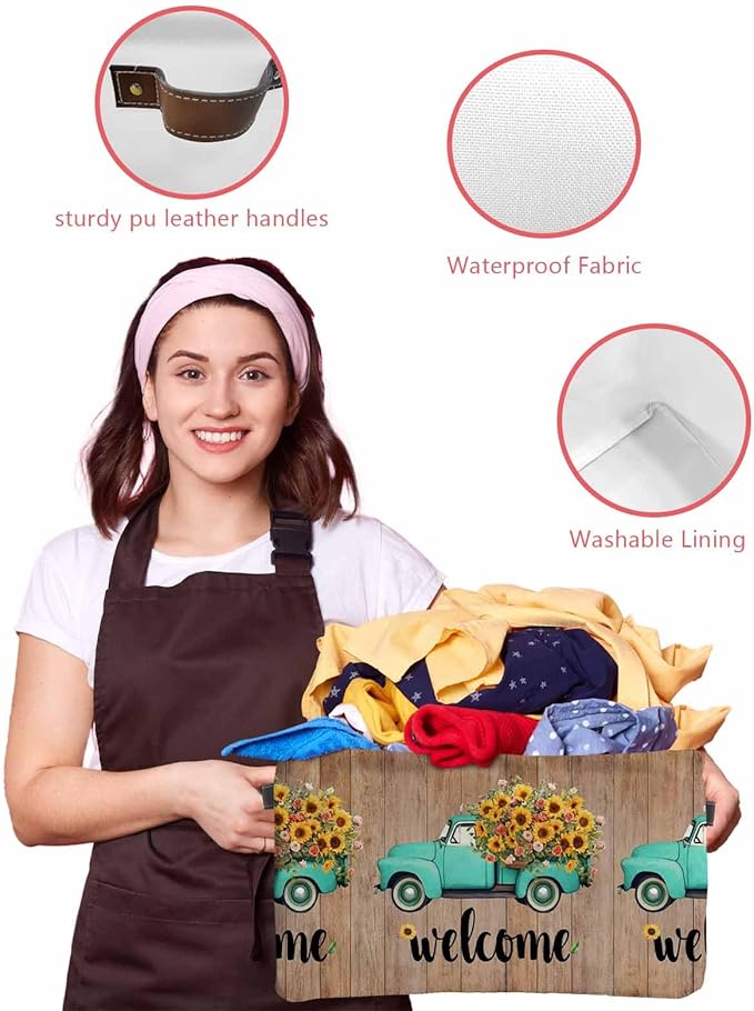 Country Sunflowers Storage Bins Cubes Waterproof Cloth Storage Basket, Welcome Rustic Truck Floral Farm Brown Foldable Storage Bags for Shelf Closet Clothes Organizers with Handles 15x11x9.5 in 1PCS