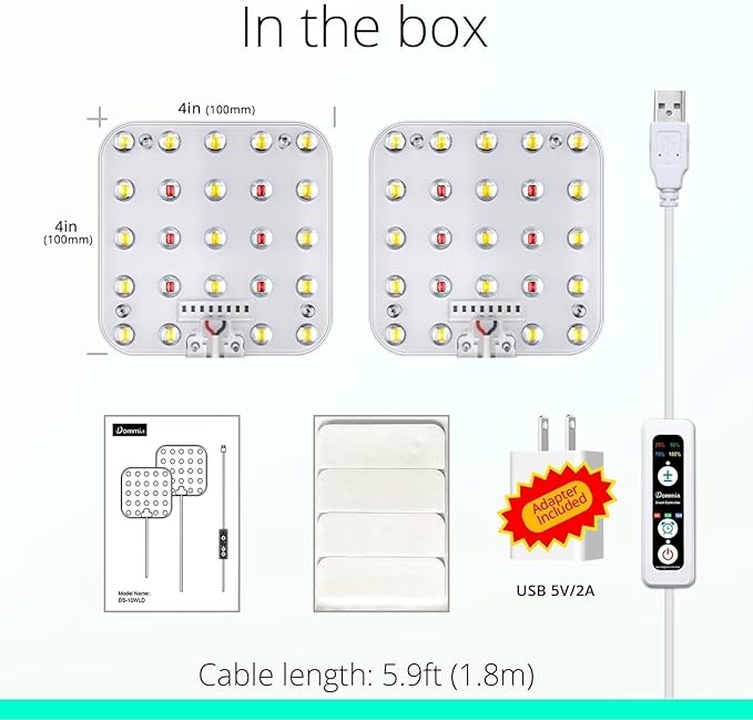DOMMIA Full Spectrum LED Grow Light for Indoor Plants, 2 Panels 10W with 6/12/16h Timer Dimmable Plant Lights for Flower Veg Plant Growth USB, Bluish White, 2-Pack