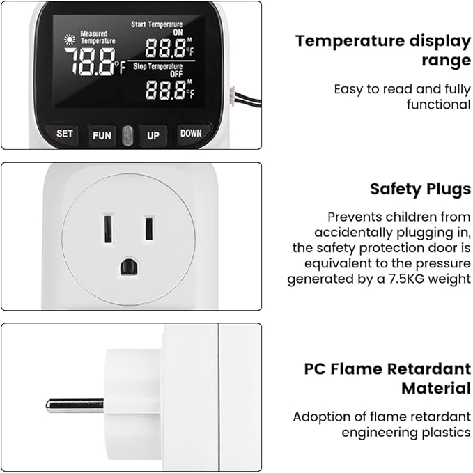 Diymore Digital Plug in Thermostat Outlet Temperature Controller Electric Digital Thermostat Heating Cooling Mode Timer Socket 120V Heating Cooling Control 110V 15A Celsius Fahrenheit Display, White