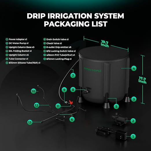MARS HYDRO Auto Drip Irrigation Kits with 13 Gallon Foldable Bucket, 24W Upgraded Water Pump, 8 Drip Emitters, Garden Watering System for Grow Tent Indoor, Lawn, Greenhouse, Yard