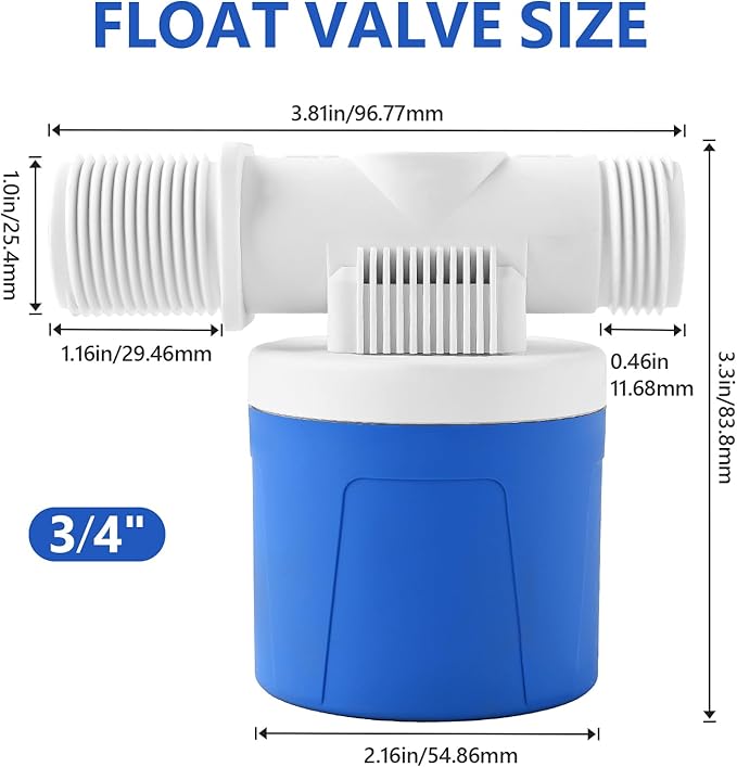 2Pcs 3/4" Side Inlet Water Float Valve, Automatic Water Level Conrtol Valves for Water Tank, Blue Aquapluse Through Float Valve for Livestock, Swimming Pool, Toilet, Garden Irrigation System