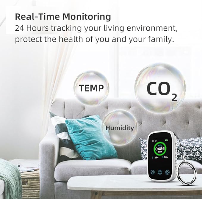 Portable CO2 Monitor CO2 Sensor,3 in 1 CO2 Concentration Monitor for Travel,Camping, Office, School,Home